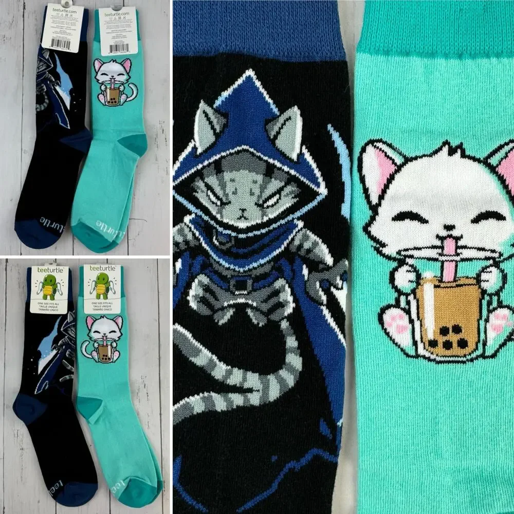 2-NWT Teeturtle Shadow Claw Cat Boba Tea Crew Socks Gift Stocking Stuffer